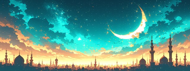 Wall Mural - A vibrant Ramadan banner featuring an Islamic cityscape at sunset, with silhouettes of minarets and domes against the backdrop of a starry sky.