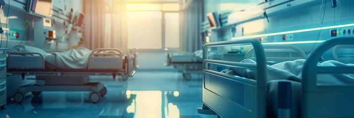 A hospital room with a bed and a curtain by AI generated image