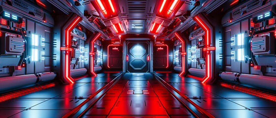 Wall Mural - Futuristic Corridor in Space Station, Modern Sci-Fi Tunnel with Illuminated Path, Technology Concept