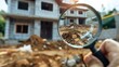 engineer use magnifying glass inspecting construction new house.inspecting construction and quality assurance new house. Engineers or architects or contactor work to build the house.