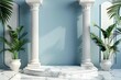 ancient greek white marble podium with columns and plants on blue background 3d render
