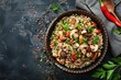 Pearl barley salad with mushrooms and veggies top view space for text
