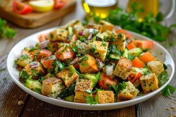 Sticker - Pita crouton salad on white plate with vegetables herbs sumac lemon olive oil dressing simple and healthy recipe