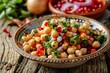 Plate of traditional eastern chickpea salad with pomegranate red onion and spices