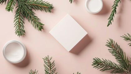 Sticker - Product presentation flat lay mockup with a soft scene using a square podium and a fir tree branch Ready layout for showcasing beauty cosmetics Stu