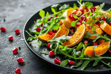 Poster - Pumpkin salad with pomegranate arugula on black plate on dark background top view with space for text