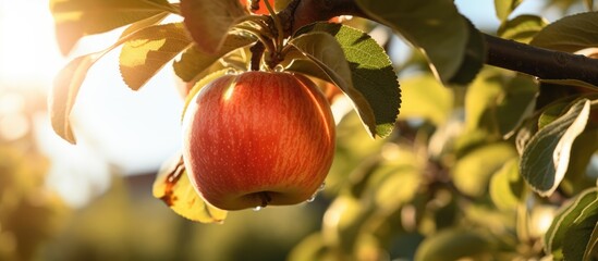 Aufkleber - Red apple hangs from vibrant tree with foliage