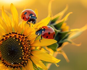 exploring the dark center of a bright sunflower, two vibrant ladybugs enjoy the warm golden hour lig