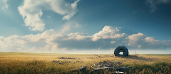 Sticker - Large tire amidst abundant field foliage