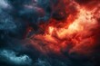 dramatic fiery red and black thunderclouds in stormy sky