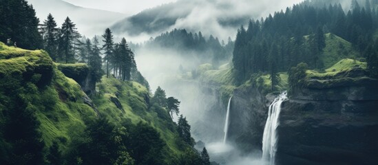 Wall Mural - Waterfall amidst mountain with forest backdrop