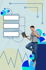 Poster - Composite artwork sketch image photo collage of young office manager student guy work laptop project stats graphics diagram increase
