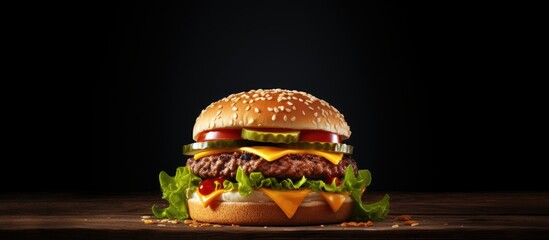 Poster - A cheeseburger on a wooden surface