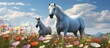 Two horses grazing amidst wildflowers under a clear blue sky