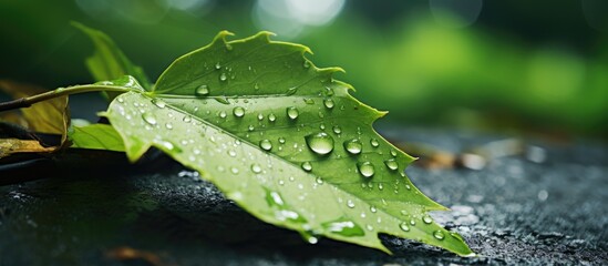 Poster - Fresh wet leaf up close with rain droplets