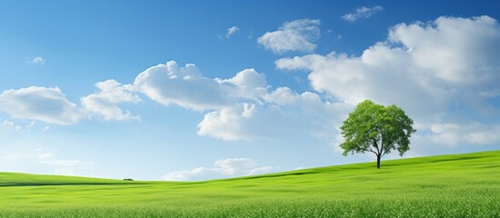 Poster - Tree in green field under blue sky