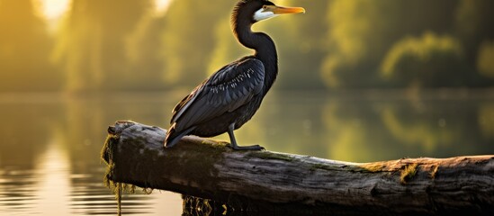 Aufkleber - Cormorant perched log lake summer morning