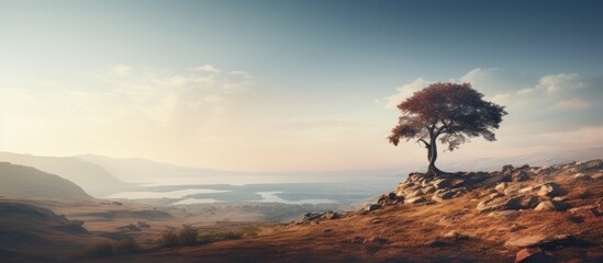 Sticker - Tree perched on rocky hill near lake