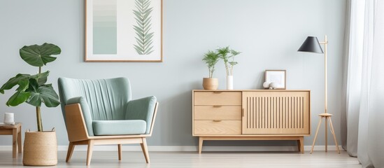 Aufkleber - Bright living room with wooden sideboard, plant, and cozy armchair