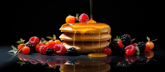 Aufkleber - Pancake syrup berries physalias black background side view