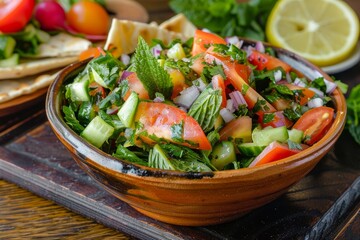 Sticker - Vertical view of fattoush salad with toasted pita vegetables herbs lemon and sumac dressing