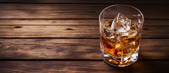 Poster - Glass of whisky with ice on wood surface
