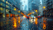 Raindrops on window with city lights bokeh background