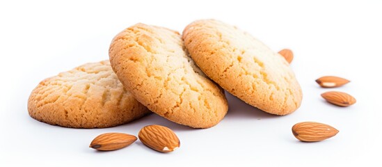 Poster - Three almond cookies stacked on white surface