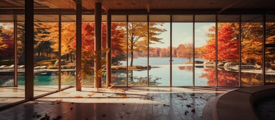 Poster - Glass-walled view of lake with distant trees