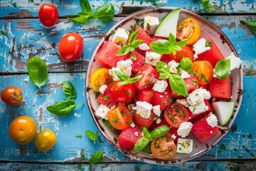 Wall Mural - Watermelon tomato salad with feta cheese on blue wood