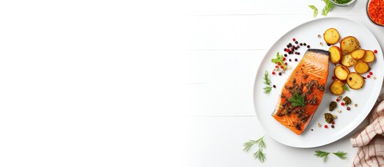 Aufkleber - Salmon and Potatoes on White Plate with Sauce Bowl