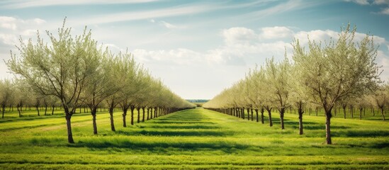 Wall Mural - Rows of trees in a field with grass