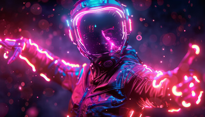 A person in a space suit is shown in a neon color scheme by AI generated image