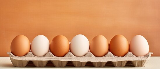 Poster - Carton of eggs on table with brown background