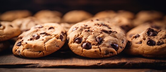 Poster - Delicious chocolate chip cookies on wooden surface