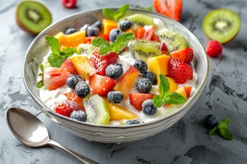 Wall Mural - Yummy fruit salad with yogurt on a gray table