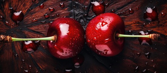 Aufkleber - Two fresh cherries on a wooden surface with water drops