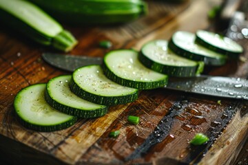 Wall Mural - Zucchini or courgettes sliced on board
