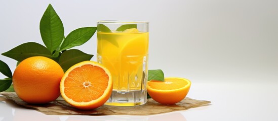 Poster - Glass of orange juice and two oranges on table