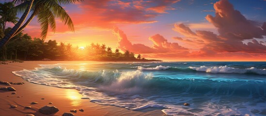 Wall Mural - Sunset on beach with crashing waves