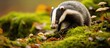 Adult badger foraging in autumn leaves with mushrooms