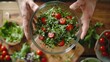 A man cooking salad with microgreens and vegetables, healthy food preparing, AI generated image
