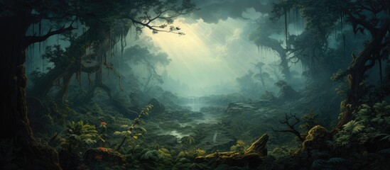 Sticker - A serene landscape painting of a river flowing through a lush forest