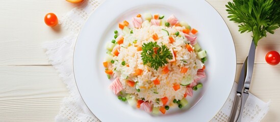 Wall Mural - Plate of rice with cooked vegetables and meat