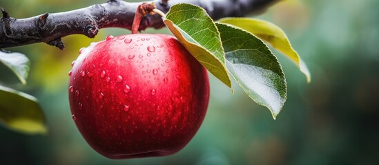 Poster - Red apple hangs from tree branch with water droplets