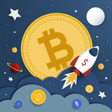 Fototapeta  - bitcoin to the moon. cryptocurrency concept. vector illustration