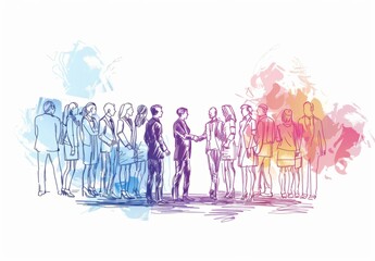 Sticker - Hand drawn sketch of business people shaking hands and standing in a group, isolated on a white background Conceptual doodle cartoon pastel background Generative AI