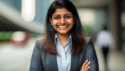 Portrait of a smiling businesswoman. happy confident positive female entrepreneur standing outdoor arms crossed looking at camera.