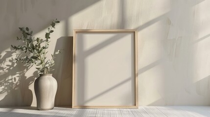 Sticker - Mockup of an empty poster frame in a white wall living room with a wooden sideboard with small green plants