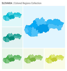 Slovakia map collection. Country shape with colored regions. Light Blue, Cyan, Teal, Green, Light Green, Lime color palettes. Border of Slovakia with provinces for your infographic.